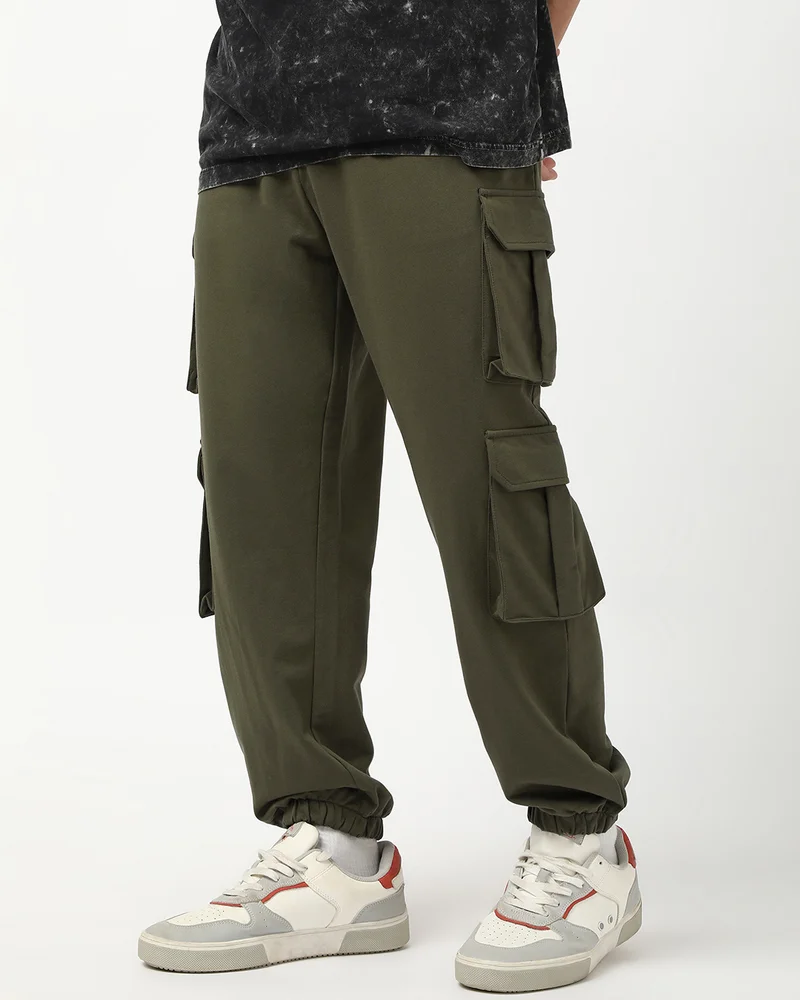 بيواكوف Men's Winter Moss Green Super Loose Fit Cargo Warm Joggers